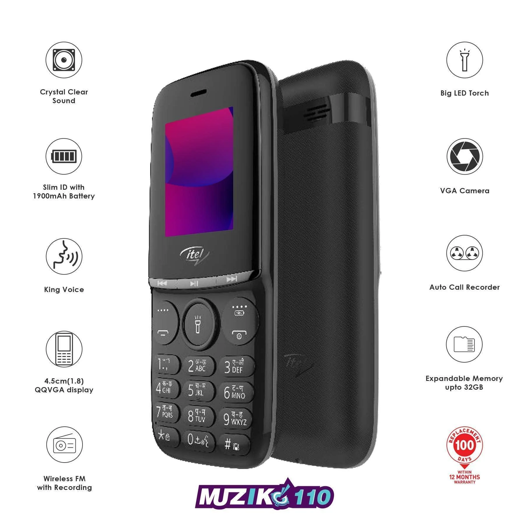 itel Muzik110 (4.5cm, Loud Sound, Black) Refurbished - Image 6