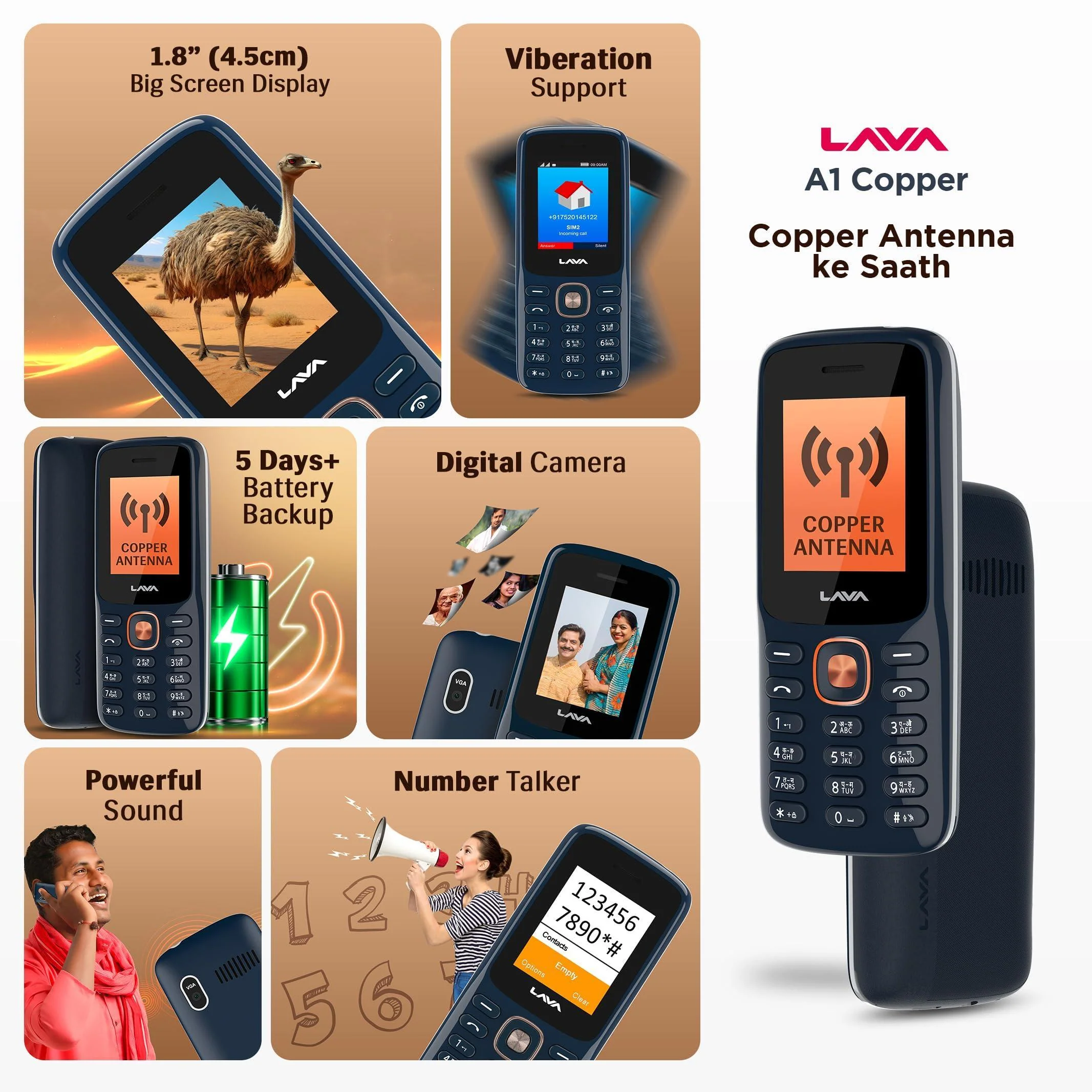 Lava All-New A1 Copper Keypad Mobile Phone with Long Lasting Smart AI Battery | 1.77inch Display | Bluetooth Support Refurbished - Image 8