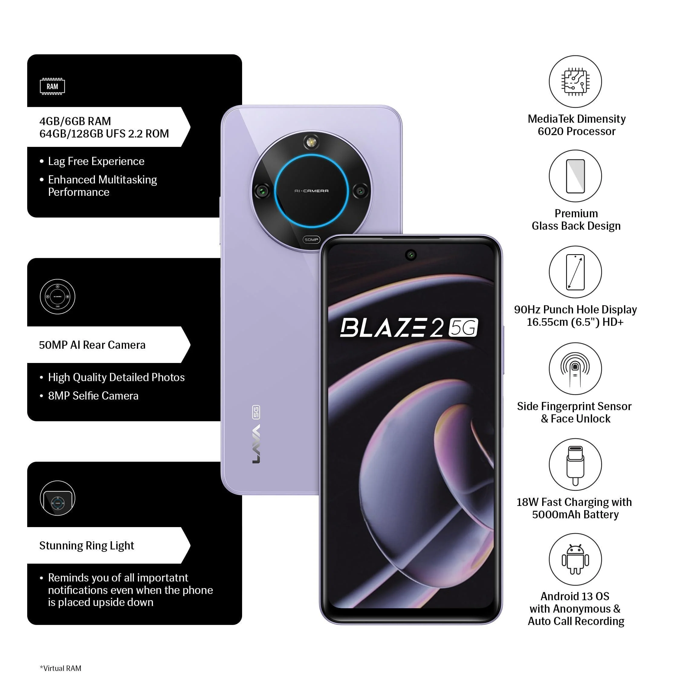 Lava Blaze 2 5G (Glass Lavender, 6GB RAM, 128GB Storage)| Stunning Ring Light| 50 MP AI Camera |5000 mAh Battery| Upto 12 GB Expandable RAM - Image 6