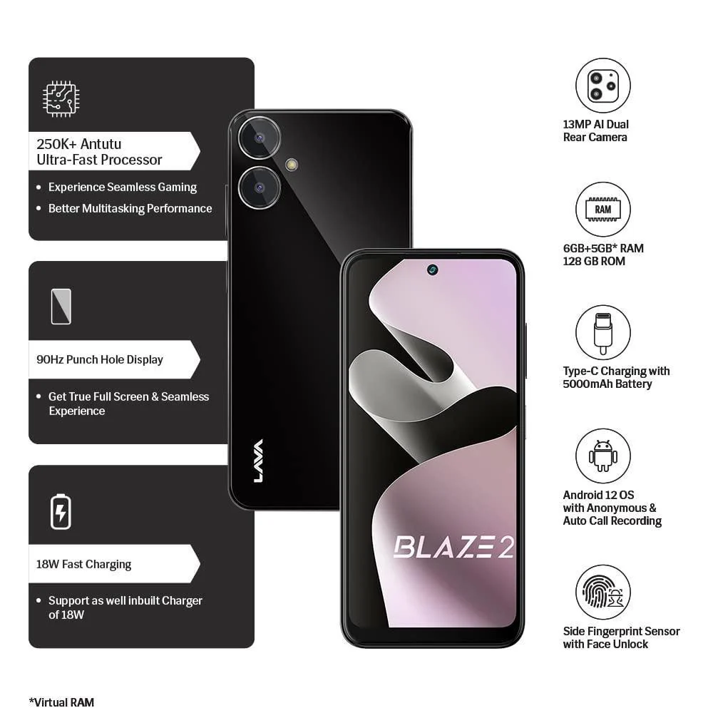 Lava Blaze 2 (6 GB RAM, UFS 2.2 128GB Storage) - Glass Black|18W Fast Charger|Side Fingerprint Sensor| 5000 mAh Battery| 6.5 inch(16.5cm) HD+ Punch Hole Display| Upto 11GB Expandable RAM - Image 6