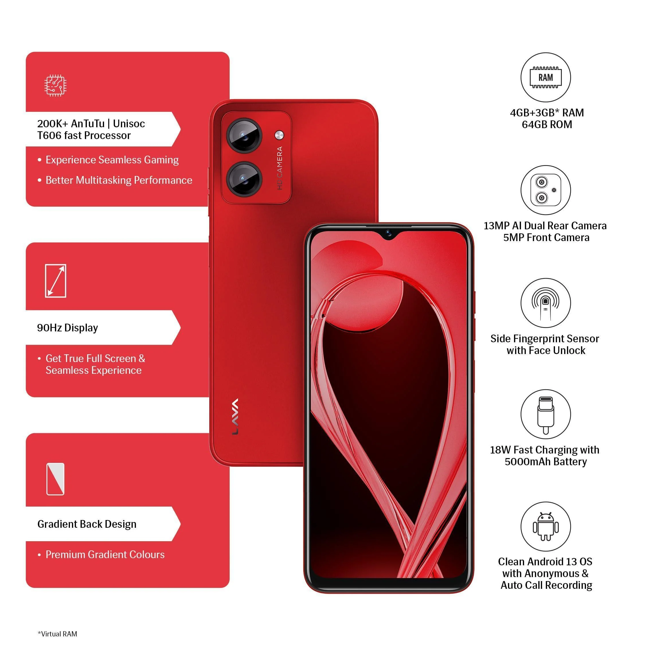Lava O1 (Luxe Red, 4GB RAM, 64GB Storage) | 18W Fast Charging | Octa Core Unisoc T606 | 13 MP AI Dual Camera | 5000 mAh Battery | Upto 7GB Expandable RAM | Fingerprint Sensor - Image 6