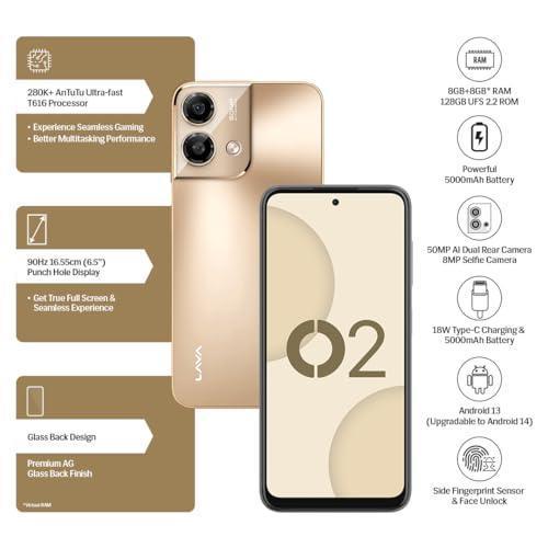 Lava O2 (Royal Gold, 8GB RAM, UFS 2.2 128GB Storage) |AG Glass Back|T616 Octacore Processor|18W Fast Charging|6.5 inch 90Hz Punch Hole Display|50MP AI Dual Camera|Upto 16GB Expandable RAM - Image 6
