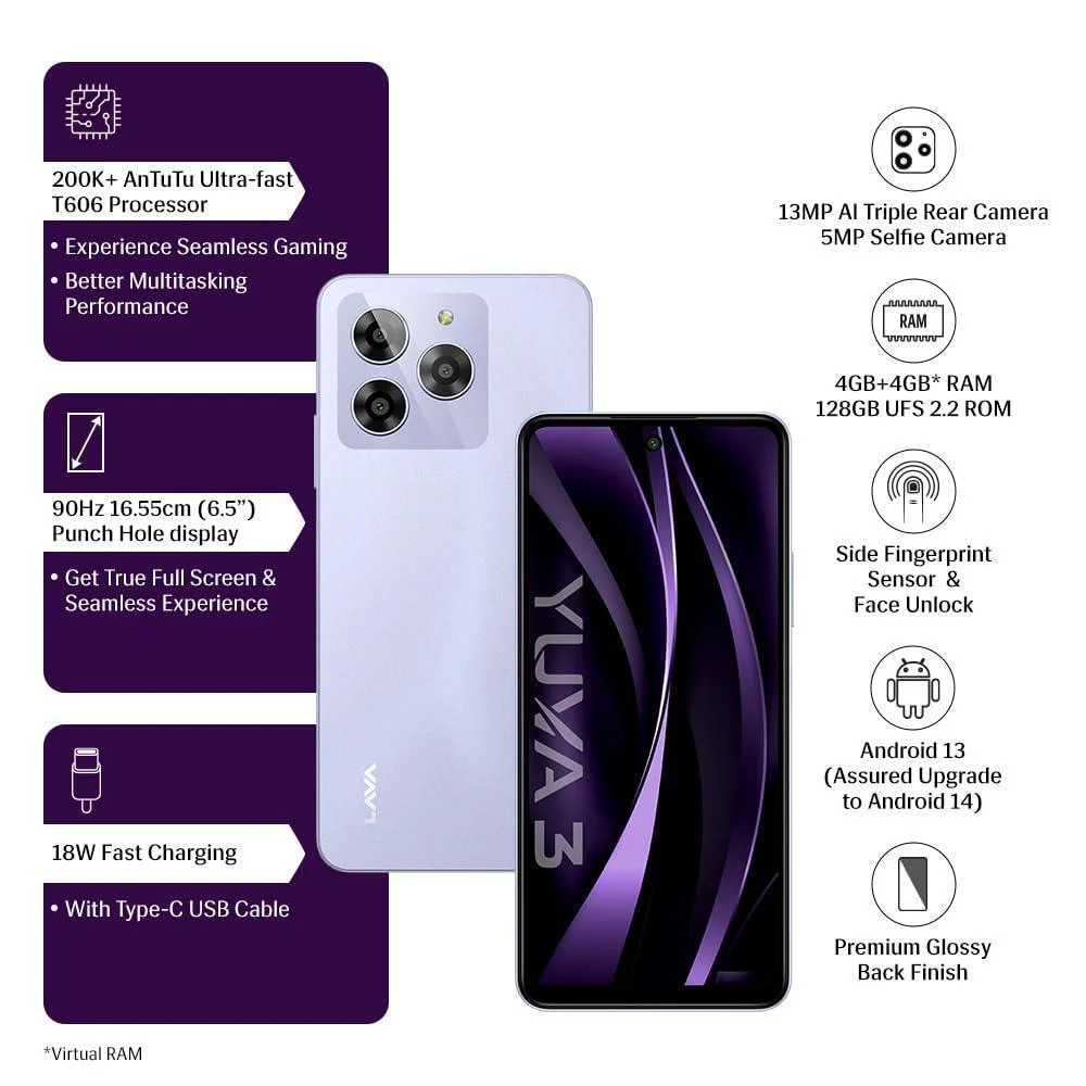 Lava Yuva 3 (Cosmic Lavender,4+4*GB RAM,UFS 2.2 128GB Storage)|Premium Glossy Back|Octacore Processor|18W Fast Charging|90Hz Punch Hole Display|13MP AI Triple Camera|Side Fingerprint Sensor - Image 3