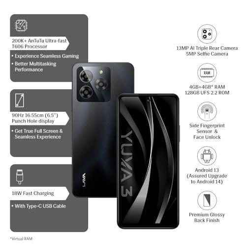 Lava Yuva 3 (Eclipse Black,4+4*GB RAM,UFS 2.2 128GB Storage)|Premium Glossy Back|Octacore Processor|18W Fast Charging|90Hz Punch Hole Display|13MP AI Triple Camera|Side Fingerprint Sensor - Image 3