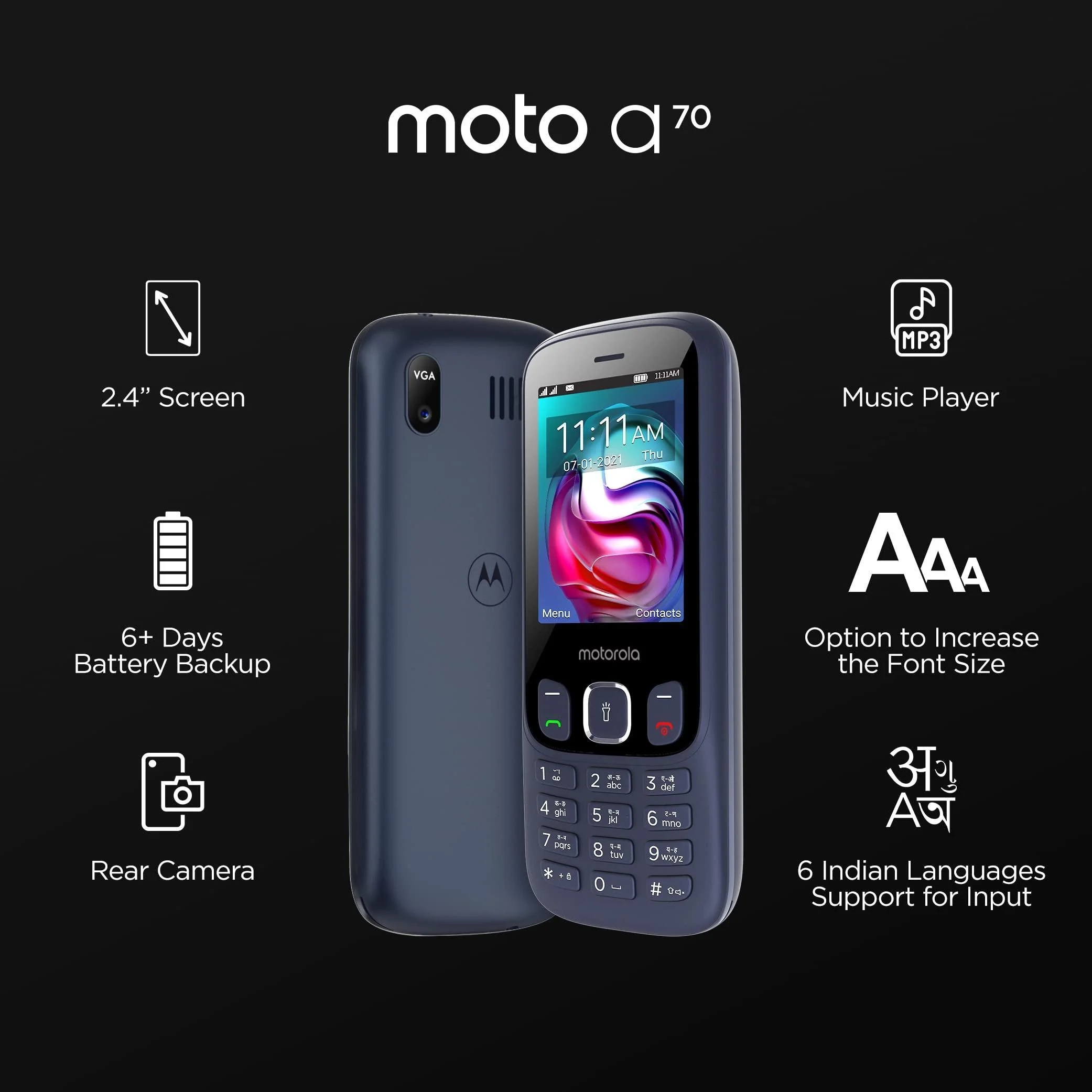 Motorola a70 keypad mobile Dual Sim with expandable memory upto 32GB,Camera Used - Image 4