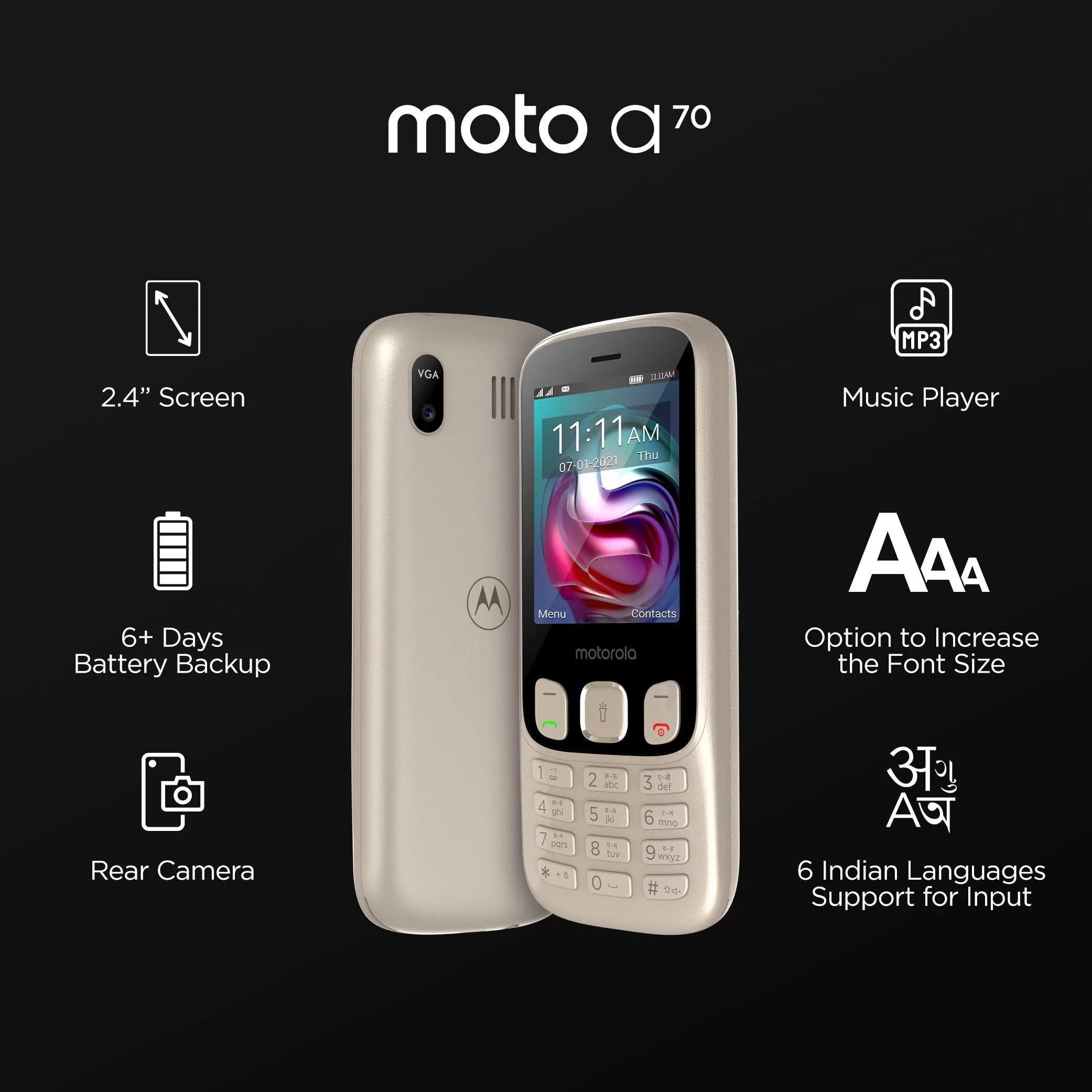 Motorola a70 keypad Mobile Dual Sim with Expandable Memory Upto 32GB,Camera, 2.4 inch Screen with 1750 mAh Battery, Rose Gold - Image 4