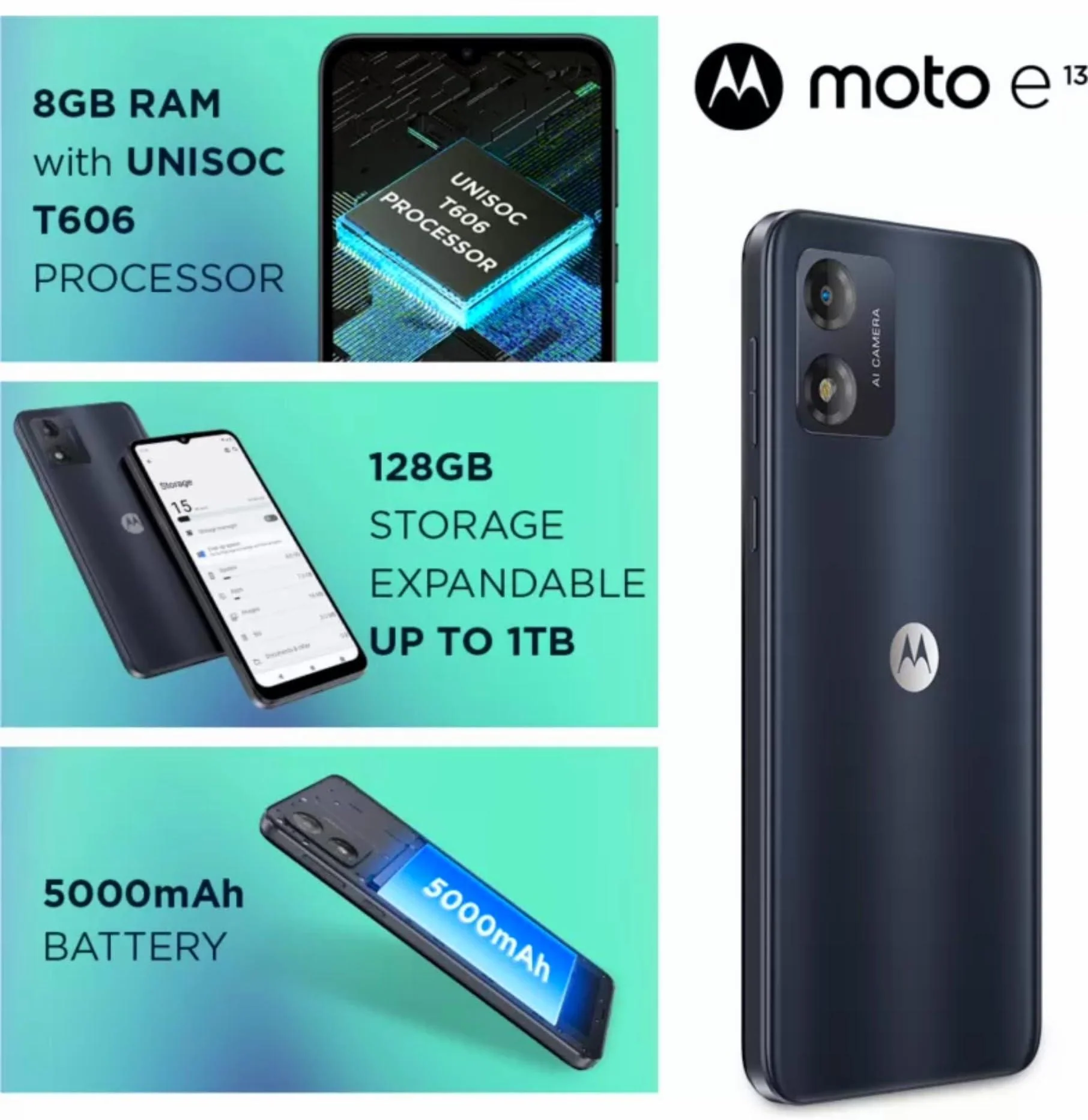 Motorola E13 4G (Cosmic Black, 8GB RAM, 128GB Storage) | Upto 1TB MicroSD Expandable | 6.5-inch IPS LCD Display with 60Hz Refresh Rate | UNISOC T606 Processor | Face Unlock | IP52 Water Repellent - Image 7