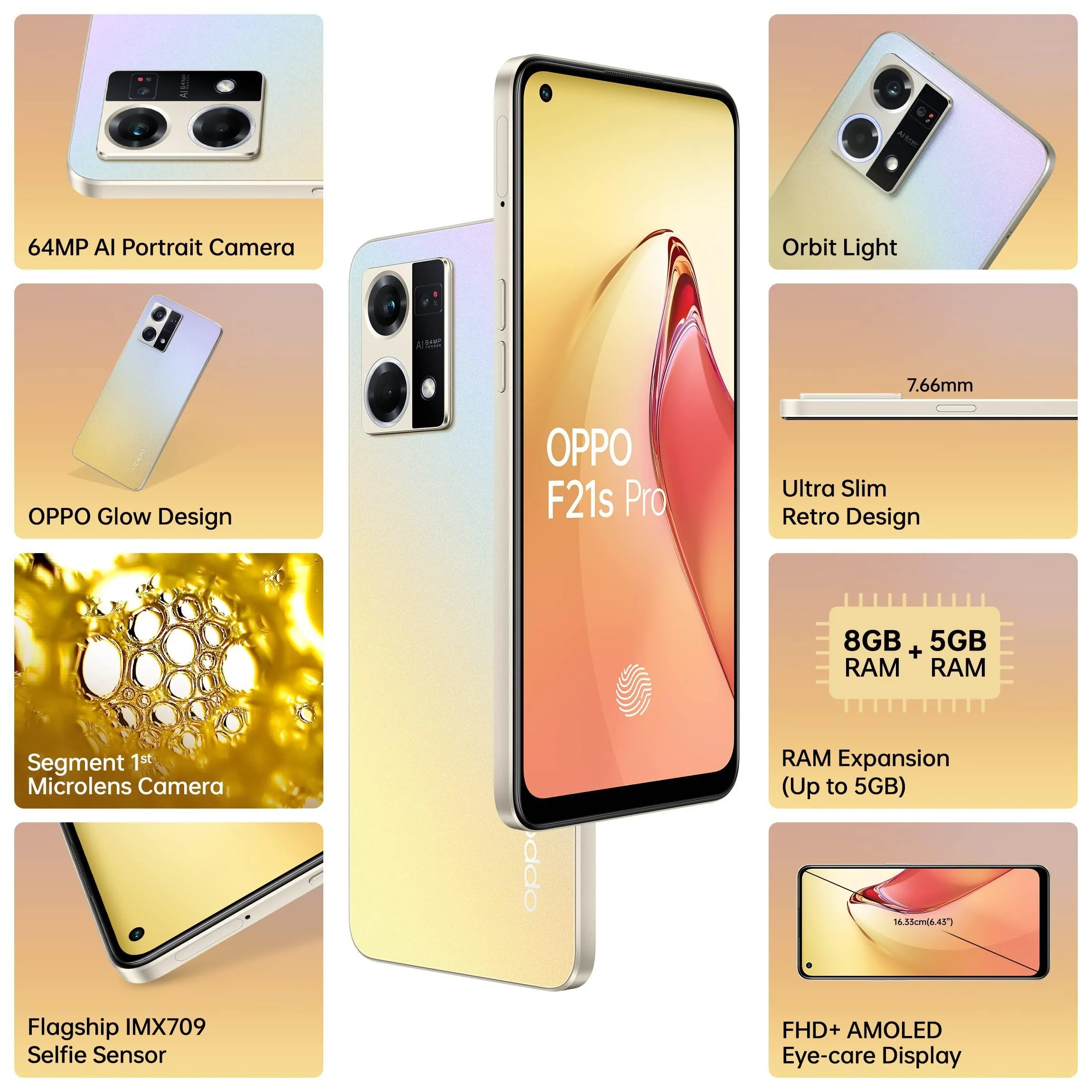 Oppo F21s Pro (Dawnlight Gold, 8GB RAM, 128 Storage)|6.43" FHD+ AMOLED|32MP Front Camera with Microlens|4500 mAh Battery with 33W SUPERVOOC Charger|with No Cost EMI/Additional Exchange Offers - Image 2