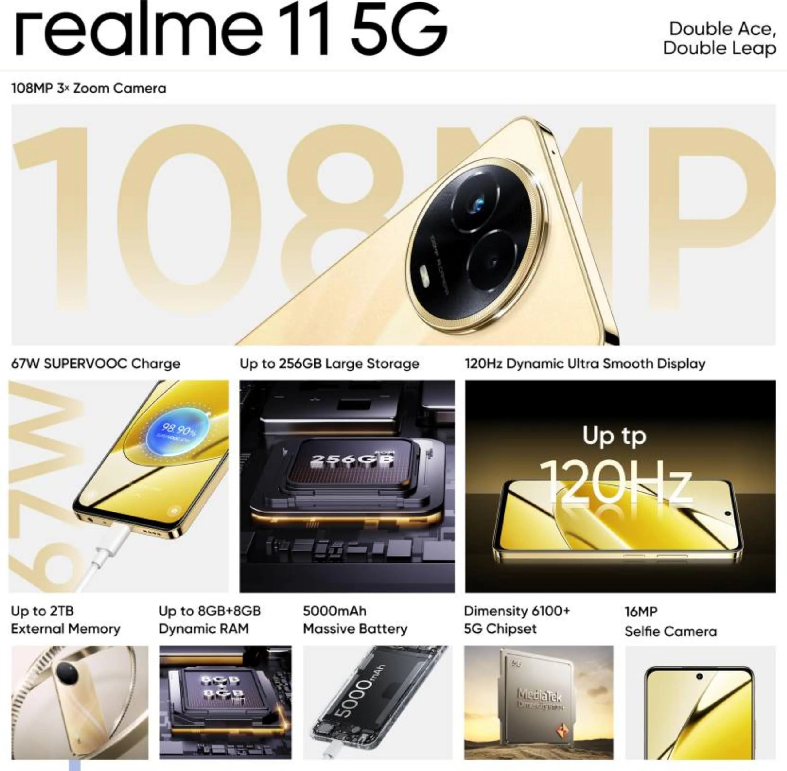 realme 11 5G (Glory Gold, 8GB RAM, 256GB Storage) | Dynamic Ultra Smooth Display | Up to 8GB+8GB Dynamic RAM | 108MP 3× Zoom | 16MP Selfie Camera | Dimensity 6100+ 5G Processor | 67W SUPERVOOC Charge - Image 9