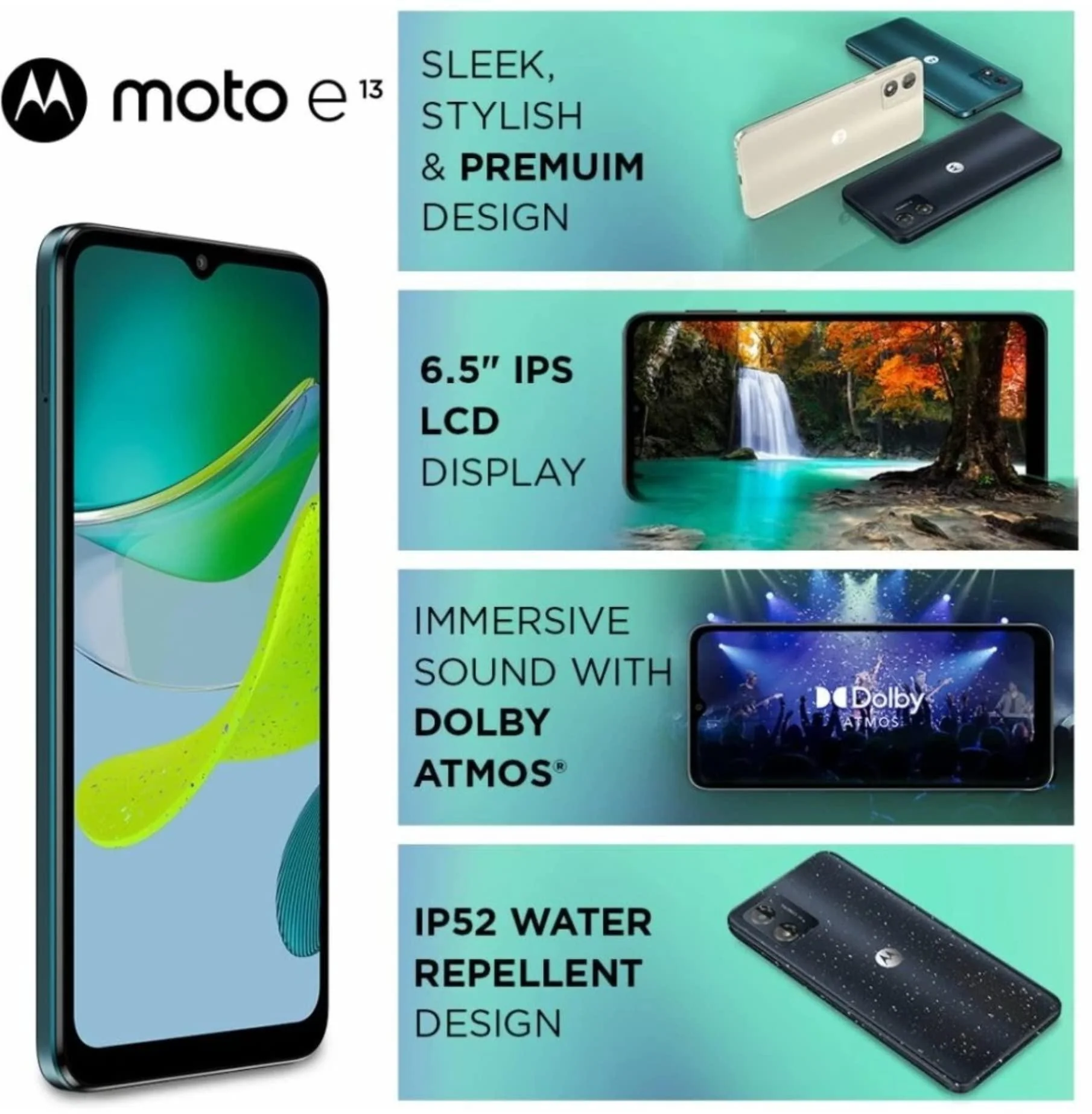 (Refurbished) Motorola E13 4G (Aurora Green, 2GB RAM, 64GB Storage) | Unisoc T606 Octa Core 1.6 GHz | 13MP Rear | 5MP Front Camera| 6.5inch HD+ IPS LCD Display with Dolby Atmos| IP52-rated Water-Repellent Design - Image 5
