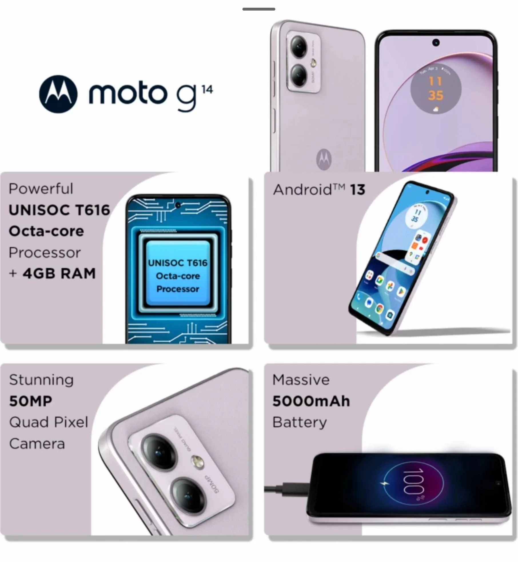 (Refurbished) Motorola G14 4G (Pale Lilac, 4GB RAM, 128GB Storage) | 6.5” ultrawide Full HD+ Display | 50MP + 2MP - Image 5