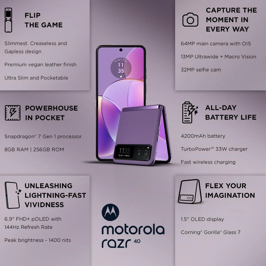 (Refurbished) Motorola razr 40 (Summer Lilac, 8GB RAM, 256GB Storage) | External AMOLED Display | 6.9" AMOLED 144Hz Display | 64MP Main Camera | Android 13 - Image 2