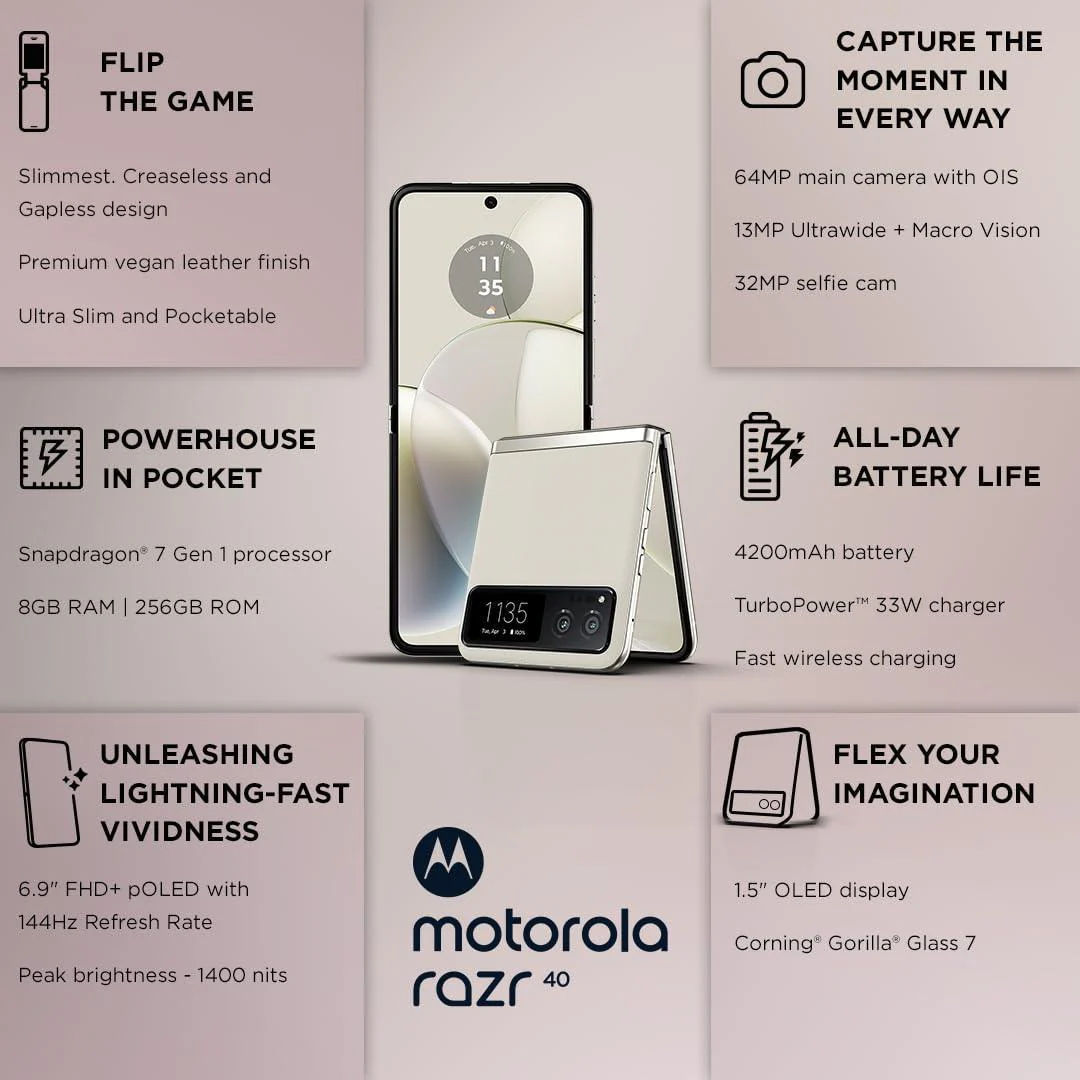 (Refurbished) Motorola razr 40 (Vanilla Cream, 8GB RAM, 256GB Storage) | External AMOLED Display | 6.9" AMOLED 144Hz Display | 64MP Main Camera | Android 13 - Image 2