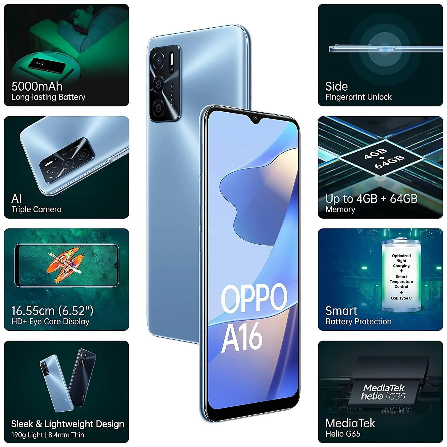 (Refurbished) Oppo A16 (Pearl Blue, 4GB RAM, 64GB Storage) Refurbished - Image 6