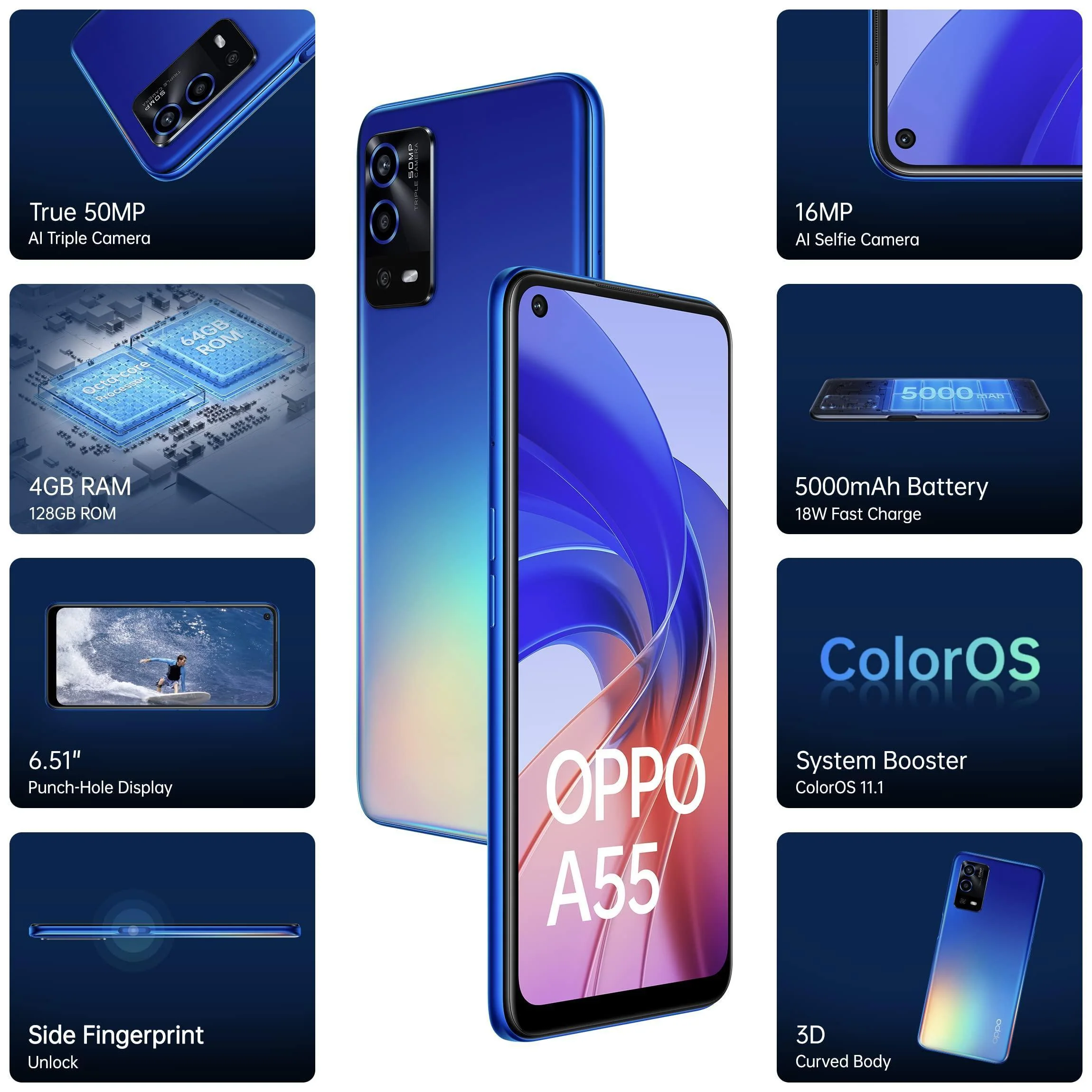 (Refurbished) Oppo A55 (Rainbow Blue, 4GB RAM, 128GB Storage) | 5000mAh Battery | 50MP AI Camera | 18W Fast Charging - Image 6