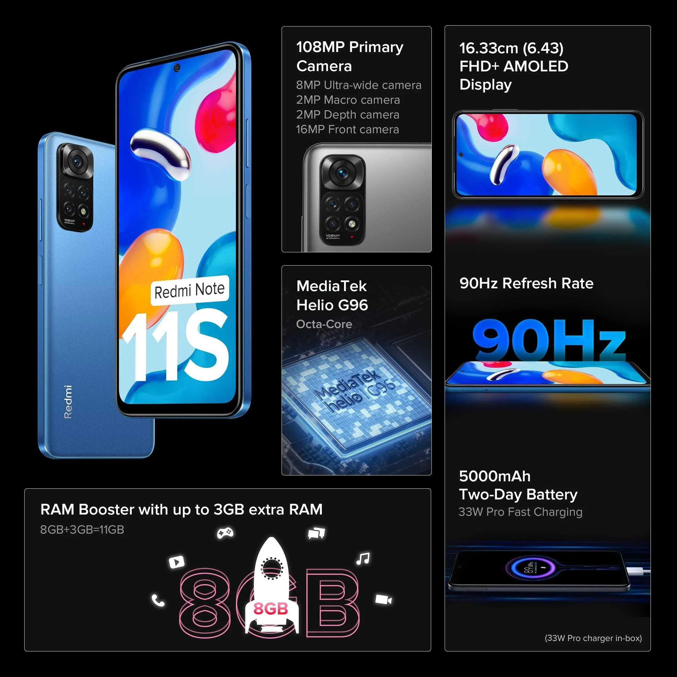 (Refurbished) Redmi Note 11S (Horizon Blue, 6GB RAM, 128GB Storage)|108MP AI Quad Camera | 90 Hz FHD+ AMOLED Display | 33W Charger Included - Image 8