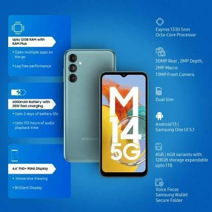(Refurbished) Samsung Galaxy M14 5G (Icy Silver, 6GB RAM, 128GB Storage)
