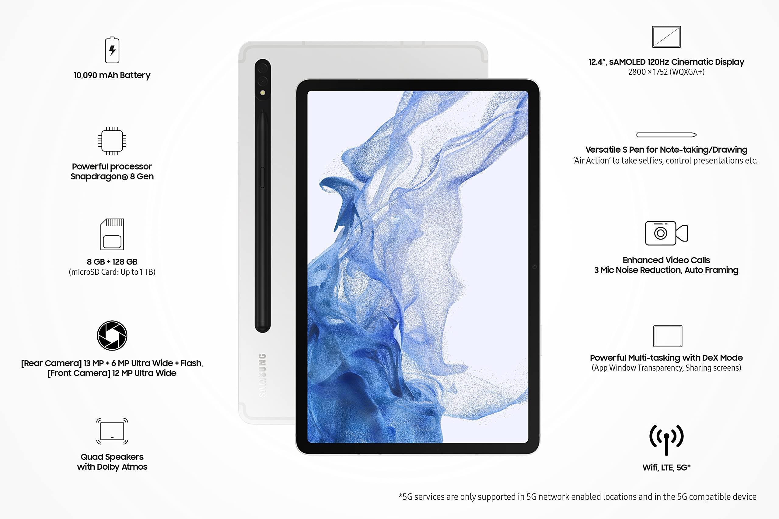 Samsung Galaxy Tab S8+ 31.49 cm (12.4 inch) sAMOLED Display, RAM 8 GB, ROM 128 GB Expandable, S Pen in-Box, Wi-Fi+ 5G Tablet, Silver - Image 5