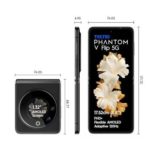 TECNO Phantom V Flip 5G (Iconic Black 16GB RAM,256GB Storage) | 45W Fast Charging | 32 MP Selfie, 64 Rear Camera| 6.9" Flexible, 1.32" Secondrary AMOLED