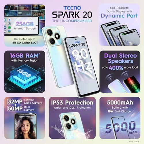 TECNO Spark 20 | Cyber White, (16GB*+256GB)| 32MP Selfie + 50MP Main Camera| 90Hz Dot-in Display with Dynamic Port & Dual Speakers with DTS| 5000mAh Battery |18W Type-C| Helio G85 Processor - Image 8