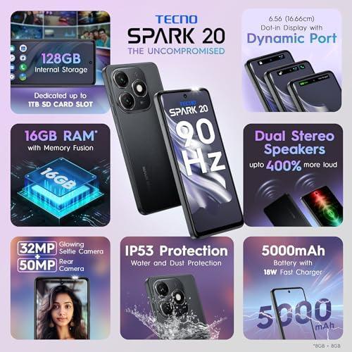 TECNO Spark 20 | Gravity Black, (16GB*+128GB)| 32MP Selfie + 50MP Main Camera| 90Hz Dot-in Display with Dynamic Port & Dual Speakers with DTS| 5000mAh Battery |18W Type-C| Helio G85 Processor - Image 8
