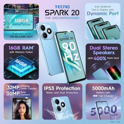 TECNO Spark 20 | Magic Skin Blue, (16GB*+128GB)| 32MP Selfie + 50MP Main Camera| 90Hz Dot-in Display with Dynamic Port & Dual Speakers with DTS| 5000mAh Battery |18W Type-C| Helio G85 Processor - Image 9
