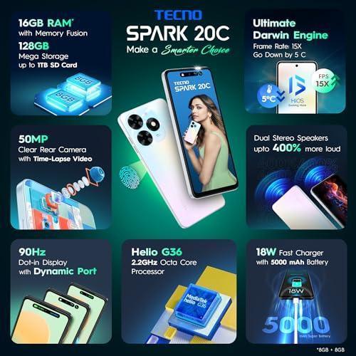 TECNO Spark 20C | Mystery White, (16GB*+128GB) | 50MP Main Camera + 8MP Selfie| 90Hz Dot-in Display with Dynamic Port & Dual Speakers with DTS | 5000mAh Battery |18W Type-C | Helio G36 Processor - Image 7